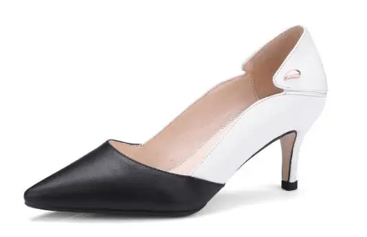 

Black and white splicing pointed toe medium heel women shoes Female shallow thin heel pumps High heels Ladies dress shoes