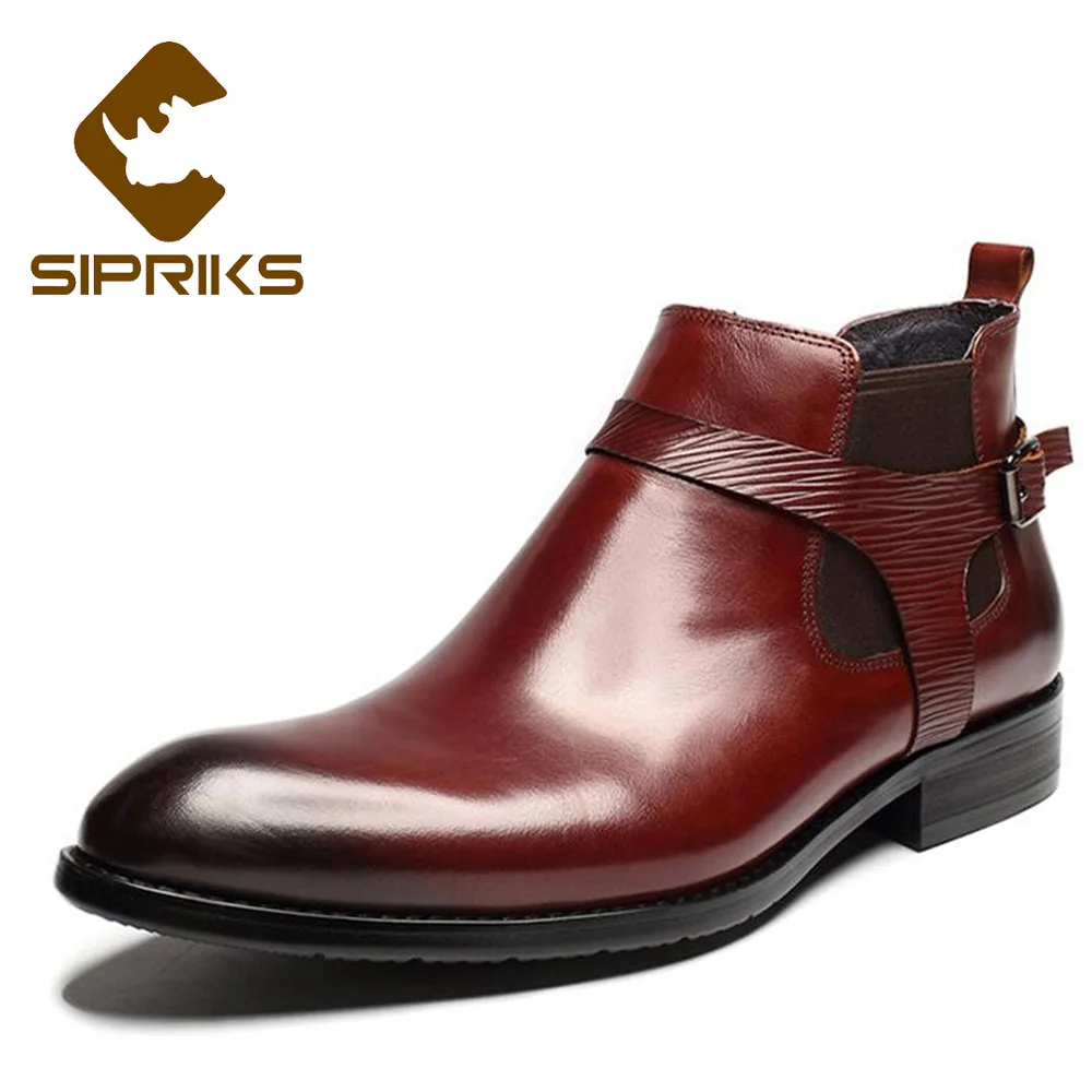 

Sipriks Mens Flats Chelsea Boots With Buckle Fashion Chelsea Boots For Men Stretch Leather Boots With Single Monk Strap European