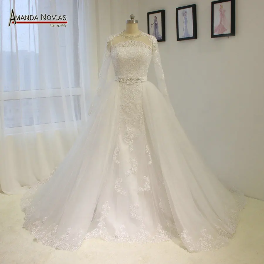 Кружевные свадебные платья с длинным рукавом и съемным шлейфом NS1353|lace wedding