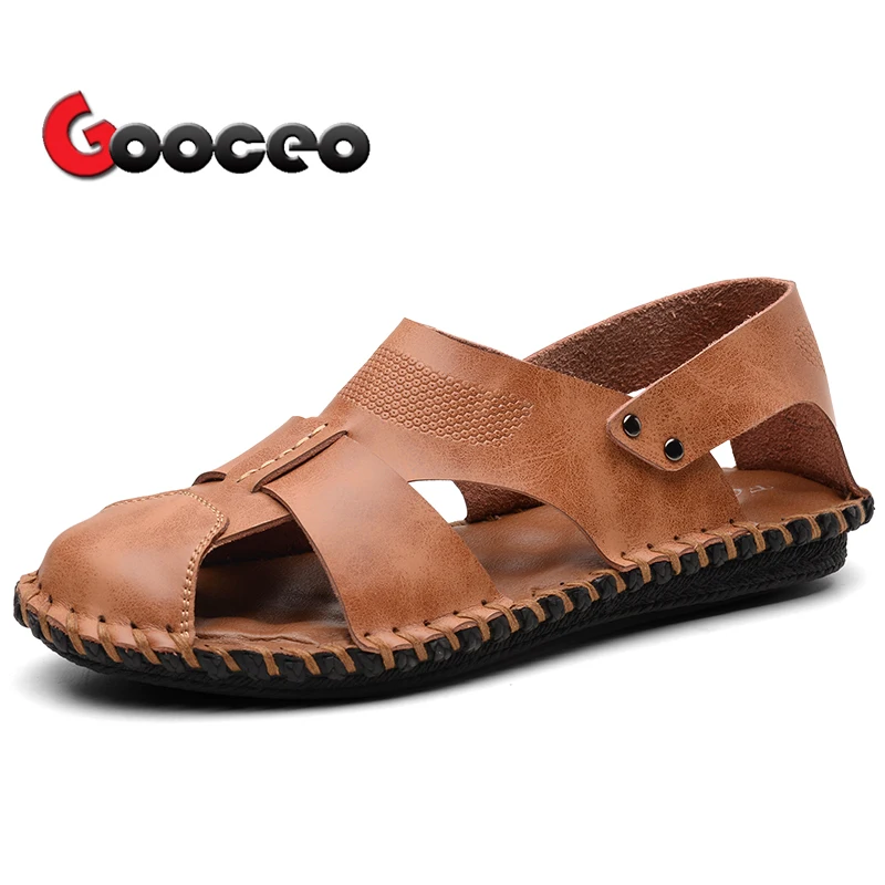 

Men's Sandals Summer Leather Slip-On Flat Beach Shoes Breathable Non Slip Casual Handmade Comfortable Outdoor Loafers Flats Men