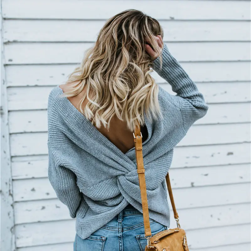 3 Colors Sexy Backless Criss Cross Sweater Women Shoulder Off V neck Pullover Sweaters Fashion 