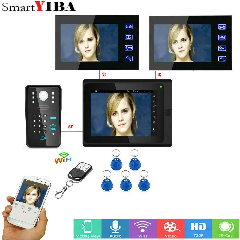 SmartYIBA 3*7 "проводной/беспроводной Wi Fi RFID пароль видео дверные звонки домофон системы с IR-CUT HD1000TVL камера ночное видение