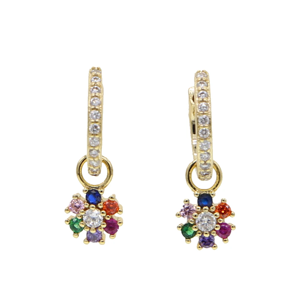 Золотой цвет white green red rainbow cz flower charming earring for women delicate minimal colorful floating flower trendy fashion jewelry - Окраска металла: Золотой цвет