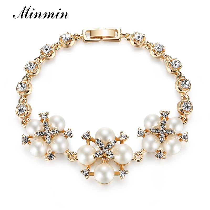 Minmin элегантный цветок золотого цвета Кристалл Браслеты из искусственного жемчуга для женщин Свадебные ювелирные изделия браслет подарок на день Святого Валентина MSL302