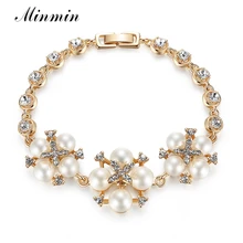 Minmin элегантный цветок золотого цвета Кристалл Браслеты из искусственного жемчуга для женщин Свадебные ювелирные изделия браслет подарок на день Святого Валентина MSL302