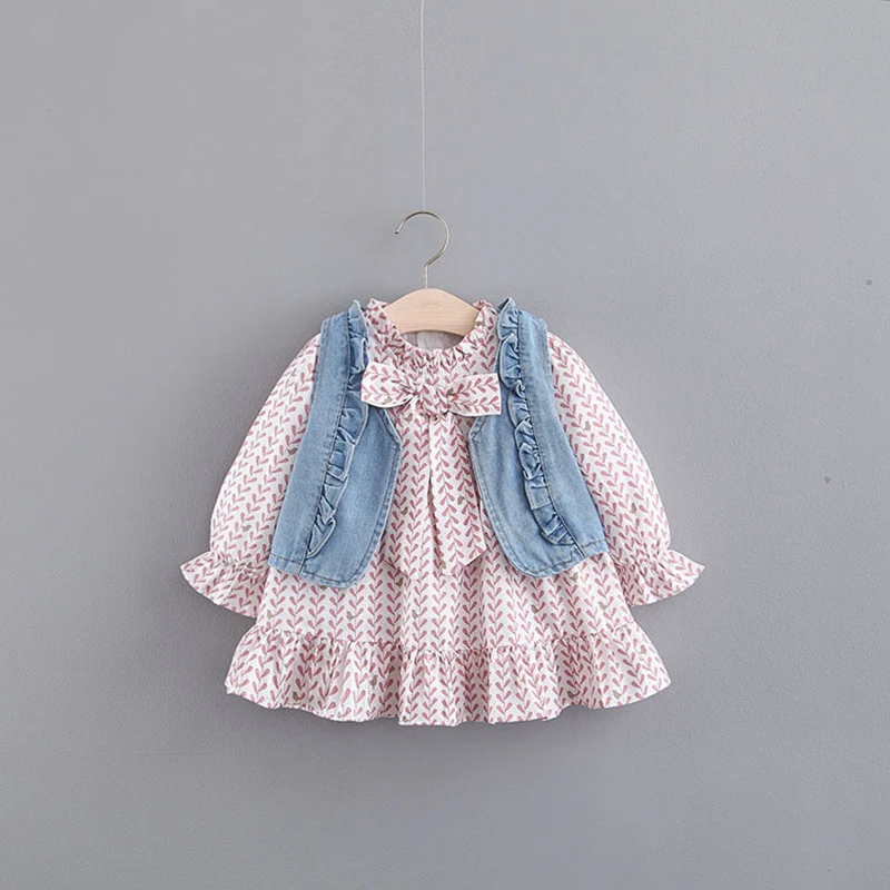 

Baby Child Cute Set 2019 New Korean Bow Print Ruffled Princess Dress + Denim 2pcs Sets Vest Fashion Cute Baby Girl Clothing