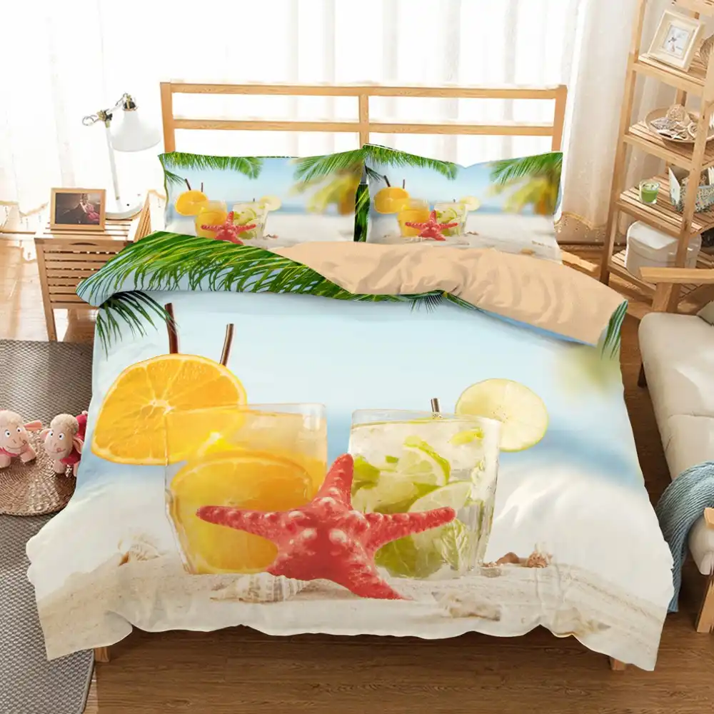 Holiday Tropical Island Duvet Cover Set Red Starfish Lemon Juice