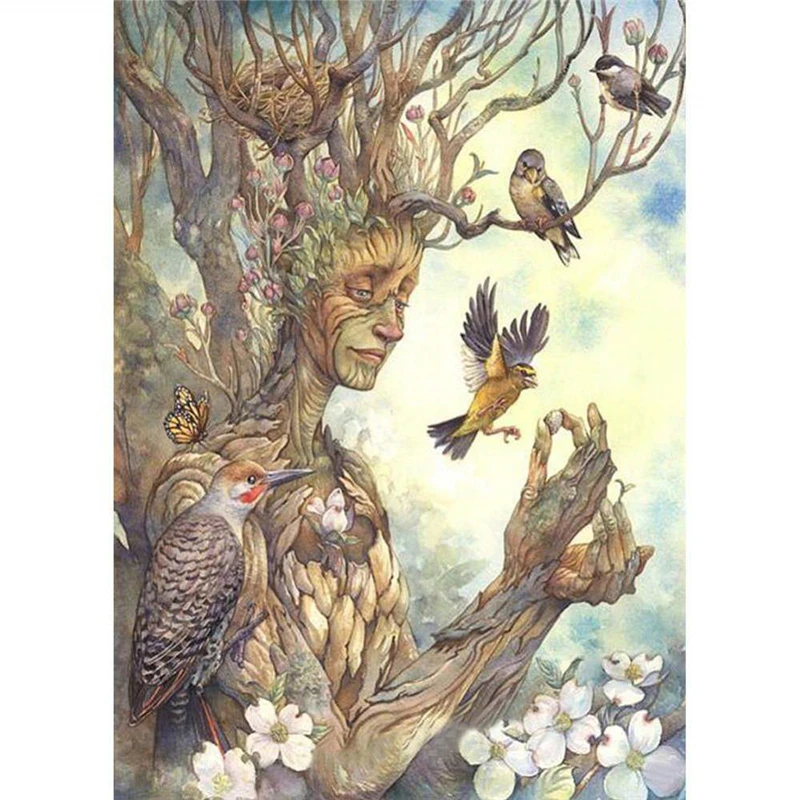 

SASHIKO 100% DIY 5D Diamond Painting Full Drill Tree Man And Birds Stitch Diamond Embroidery Patterns Home Decoration