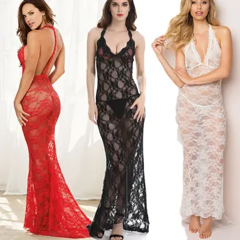 

2019 Brand New Summer Ladies Women Sexy Sleeveless See-through Lace Long Dress Silk Lingerie Nightgown Sleepwear S-XXL