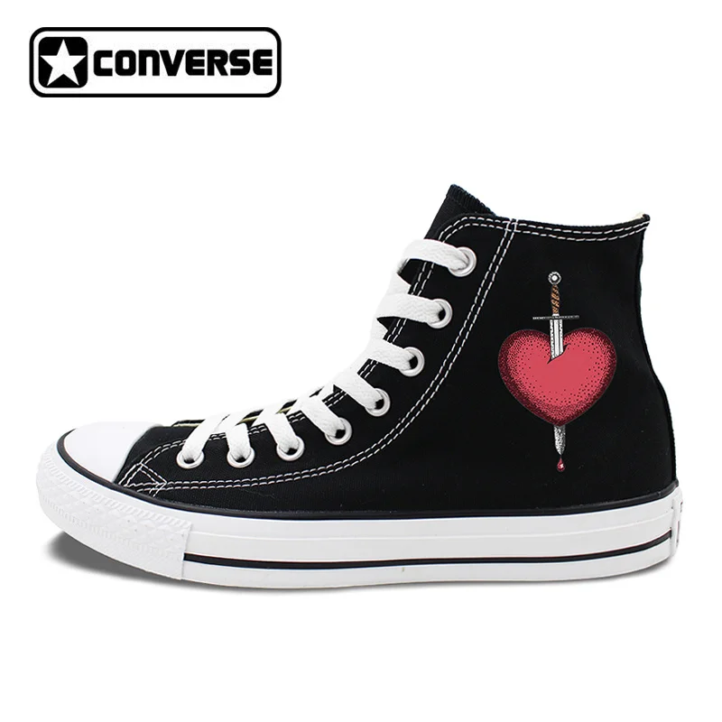 Unisex Converse Chuck Taylor Skateboarding Shoes 2 Colors White Black High Top Canvas Sneakers Design Sword Went Through Heart