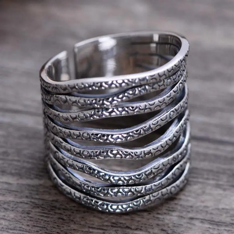 Настоящее проданное 925 пробы Серебряное увеличенное широкое кольцо для женщин винтажное панк элегантное ювелирное волнистое кольцо