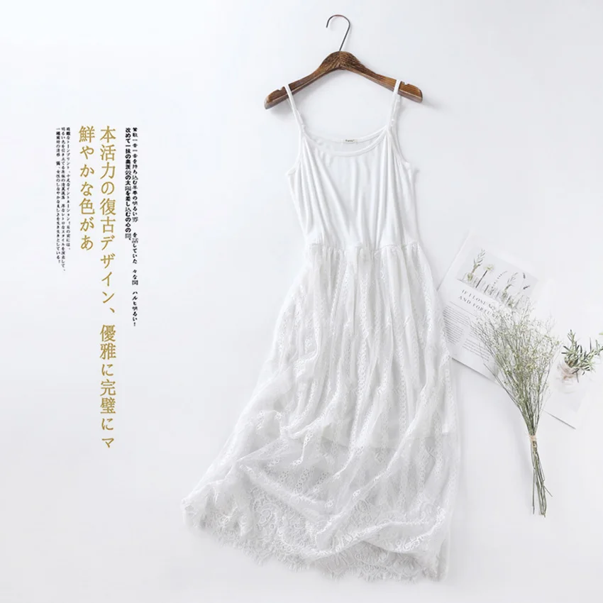 

2018 New Spaghetti Strap Modal Patchwork Lace Dress Spring Summer Women Hollow Out Tank Dress Basic Sundress Party Vestidos M228