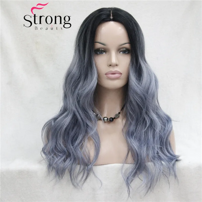 HHG-9112 #AB792 (1)Do Not Cut Lace Front! Quality Heat Ok Synthetic Black To Grey Ombre Long Wavy