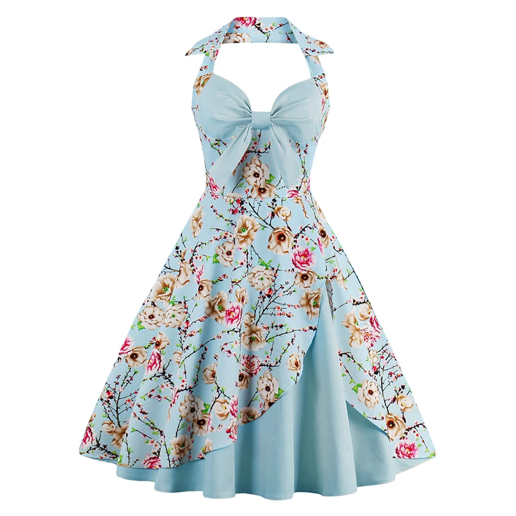 2017 New Summer Dress Women Halter Patchwork Vintage Dress Plus Size Party Casual Dress Feminino Rockabilly Dress Swing Vestidos
