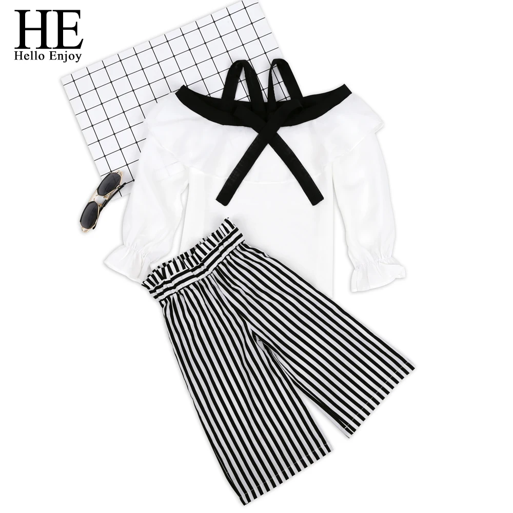 انه مرحبا التمتع الصيف الفتيات الملابس مجموعات الأطفال الملابس أزياء فتاة قميص أعلى + مخطط السراويل الدعاوى 2019 الاطفال الملابس 2 قطعة