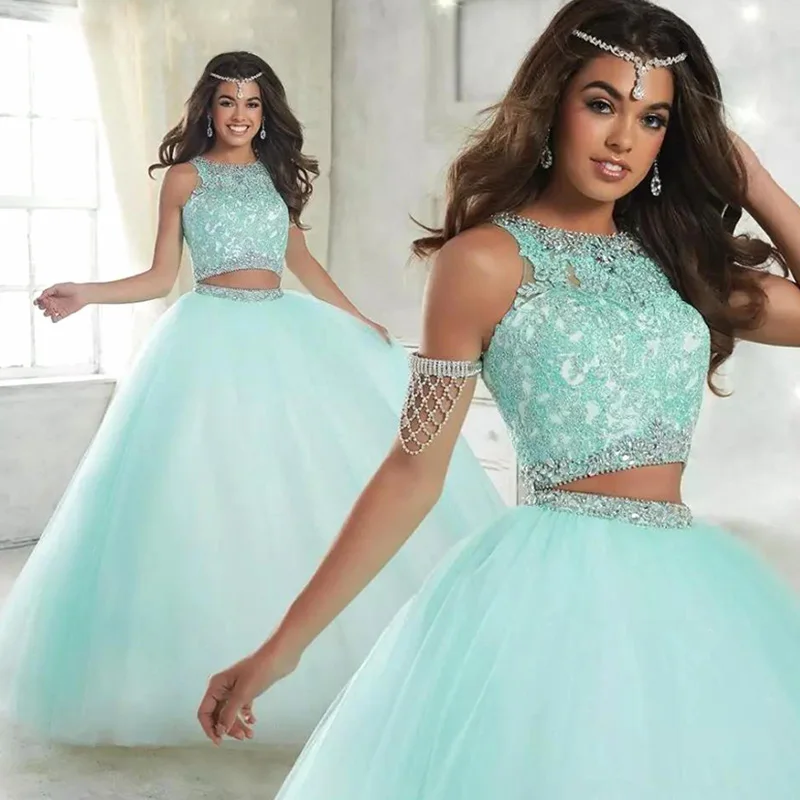 

Sparking candy color Crystals Quinceanera Dresses Ball Gown 2 Pieces Tulle Prom Debutante Sixteen Sweet 16 Dress