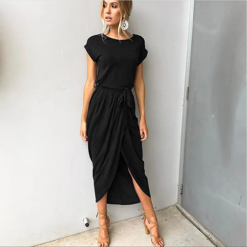 Best ELSVIOS 6 Colors Boho Split Long Dress Fashion Women O Neck Maxi Dress Summer Short Sleeve Solid Dress With Belt Vestidos XS 3XL