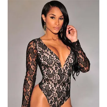 

Hot fashion women sexy long sleeve lace floral bodysuits ladies deep v-neck hollow out lace skinny bodysuits playsuits overalls