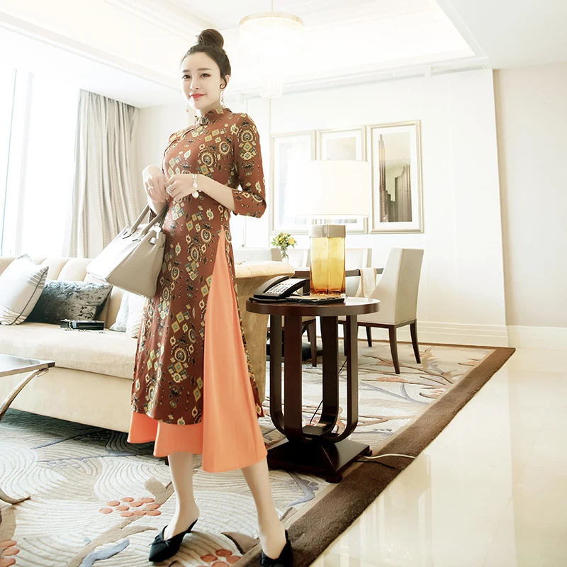Ao Dai Платье женское азиатское платье с рукавом три четверти Qiapo