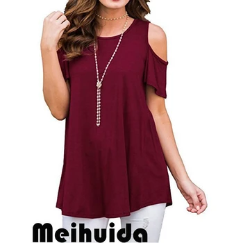 

US Hot Sale Stock Womens Off Shoulder Tops Short Sleeve Shirt Femme Ladies Casual Loose Match Basic Blouse PLUS SIZE