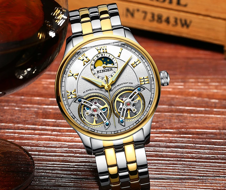 Бренд Binger, роскошные механические мужские часы, скелет, сапфировое стекло, Мате, водонепроницаемые часы, мужские часы, мужские B-8606M-008