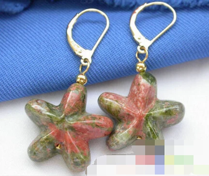 

1465 star Unakite green red stone dangle Earring
