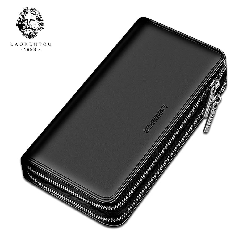 

LAORENTOU Men Genuine Leather Long Clutch Wallet Double Zipper Cellphone Purse Wallets Card Holder for Man