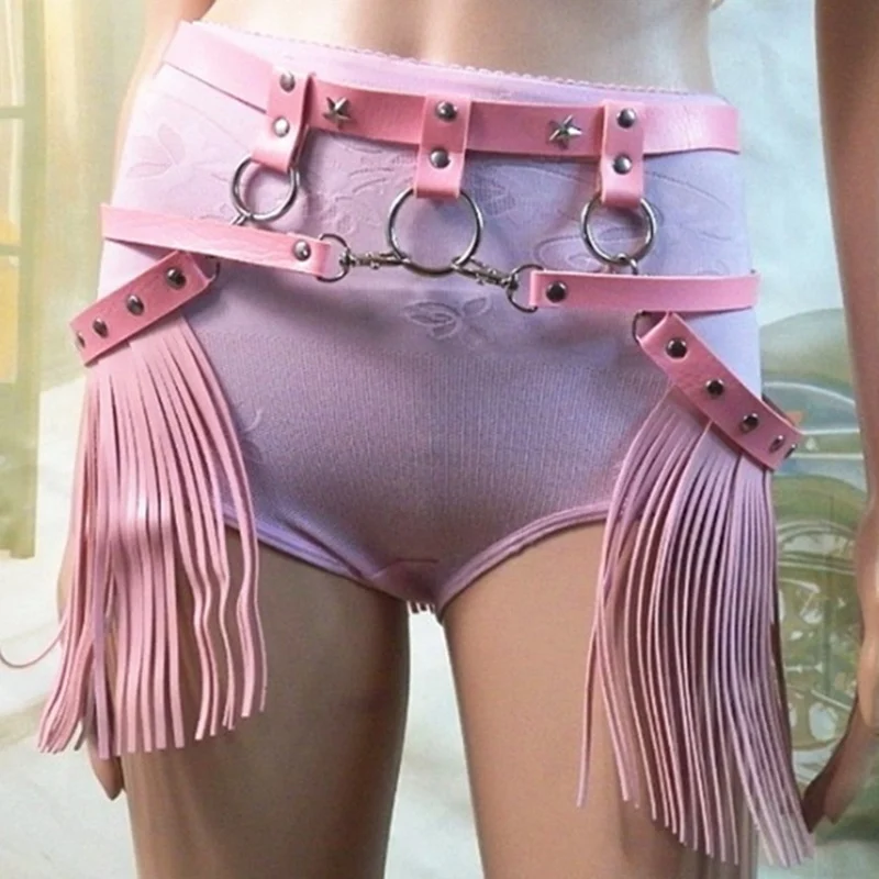90's Tassel Pink Leather Harness Garter Waist Suspender Cage Belt Fetish Goth Plus Size Adjust Hollow Out Body Bondage Lingerie 90's Tassel Pink Leather Harness Garter Waist Suspender Cage Belt Fetish Goth Plus Size Adjust Hollow Out Body Bondage Lingerie