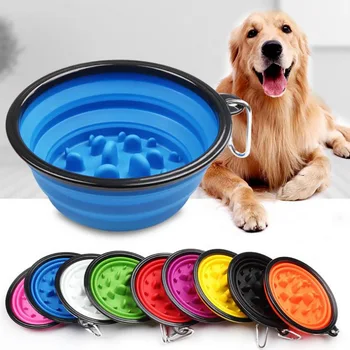 

Silicone Collapsible Pet Dog Bowls Slow Feeder Anti Choking Puppy Cat Eating Dish Bowl Anti-Gulping Food Plate Dog Feeding Bowl