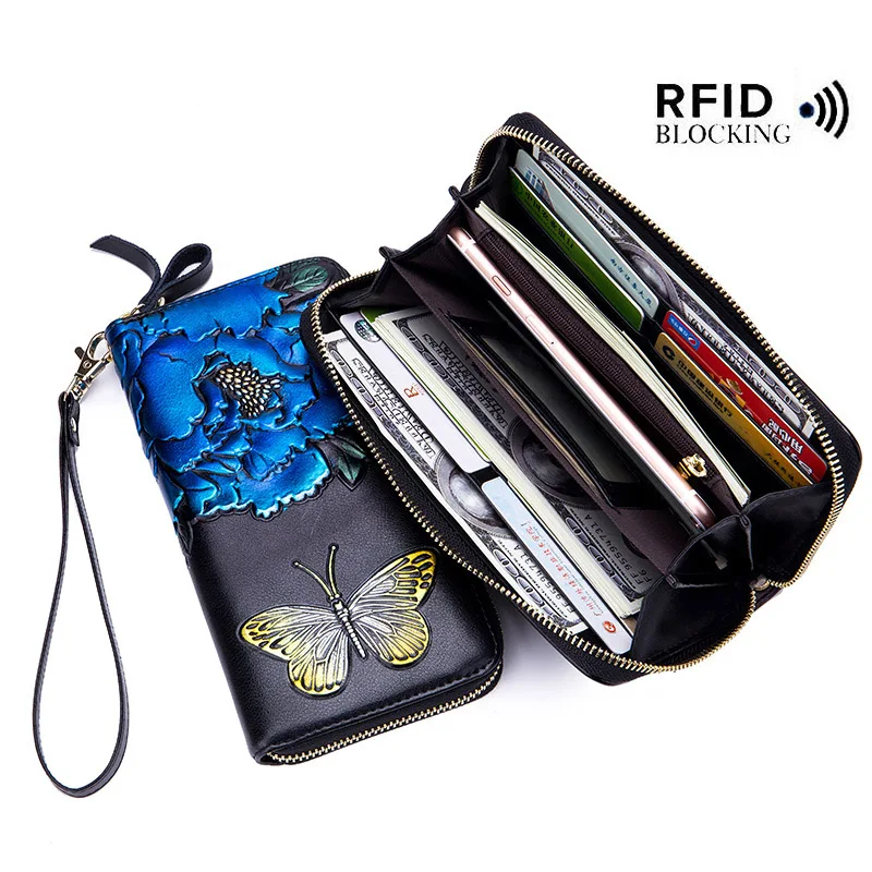 

Fashionable rose wallet lady long real leather rfid signal shield 2018 new bag zipper wallet women bog women's wallet female ID