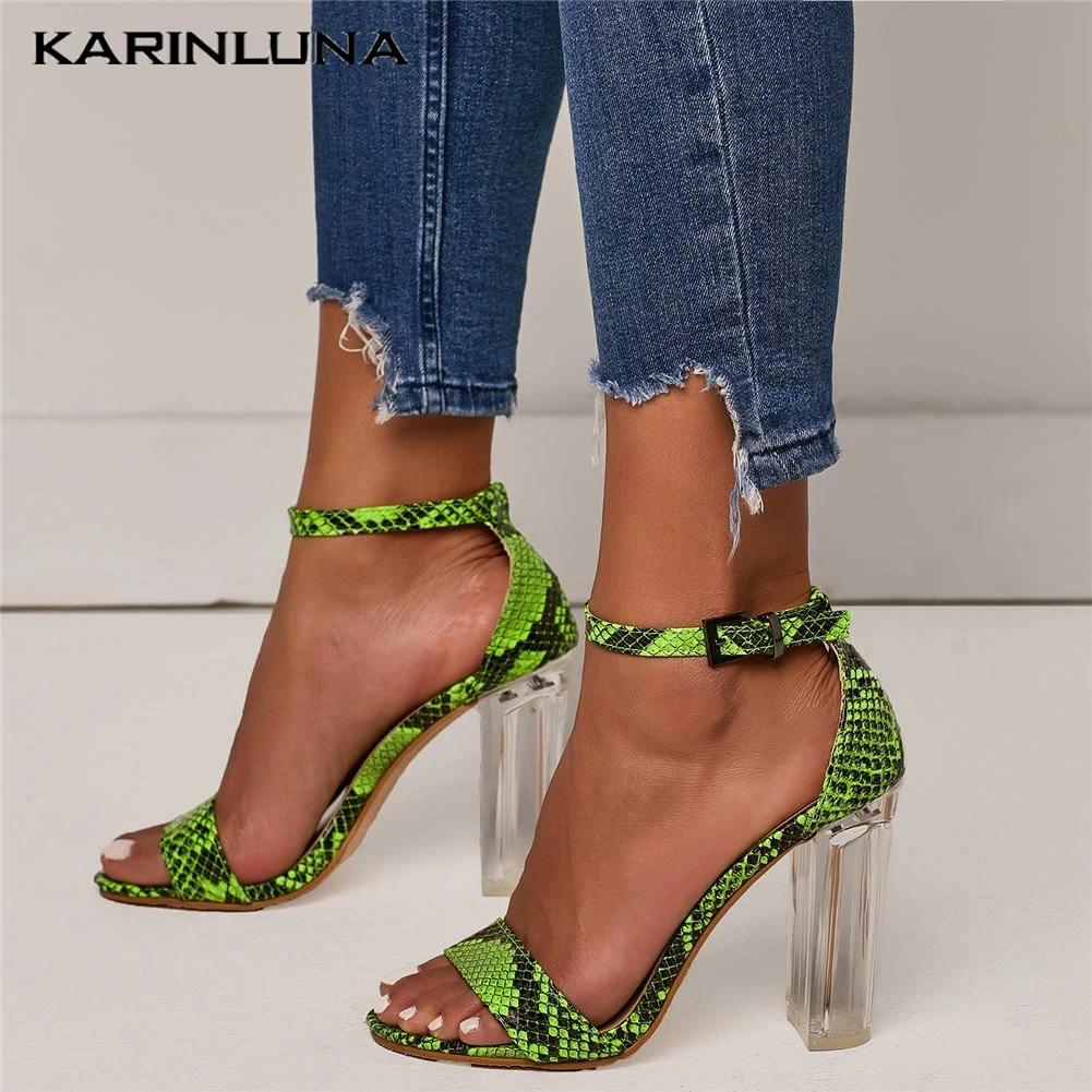 

Large Size 42 INS Sexy ankle-strap Square PVC Heels Sandals Shoes Summer Party Snake Veins High Heels Sandals Women Shoes