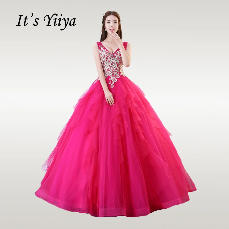 

It's YiiYa Wedding Dress 2019 Gold Lace V-neck Elegant Wedding Dresses Sleeveless Floor Length Plus Size Vestido de novia CH224