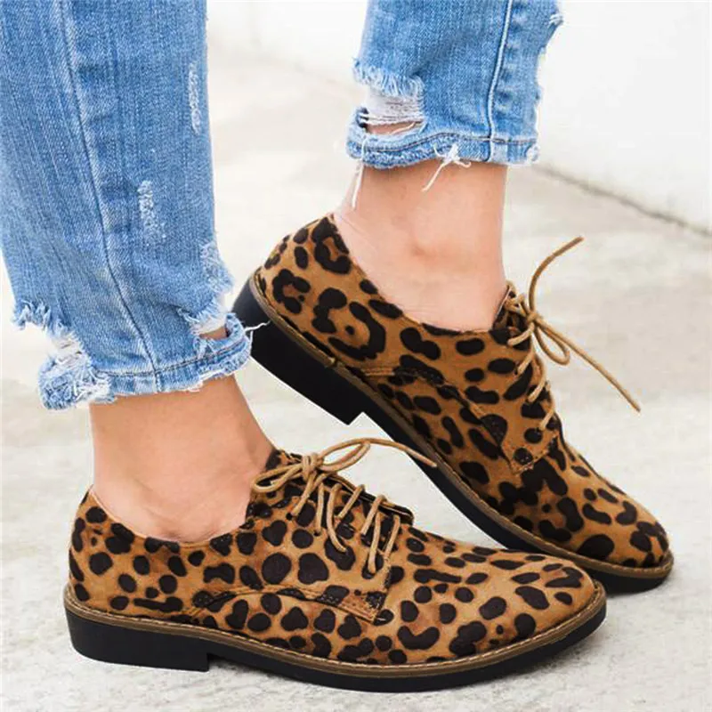 

Leopard Print Women Single Shoes Round Toe Ankle Flat Suede Casual Shoes Lace Up Single Shoes Flat leopard casual women's shoes