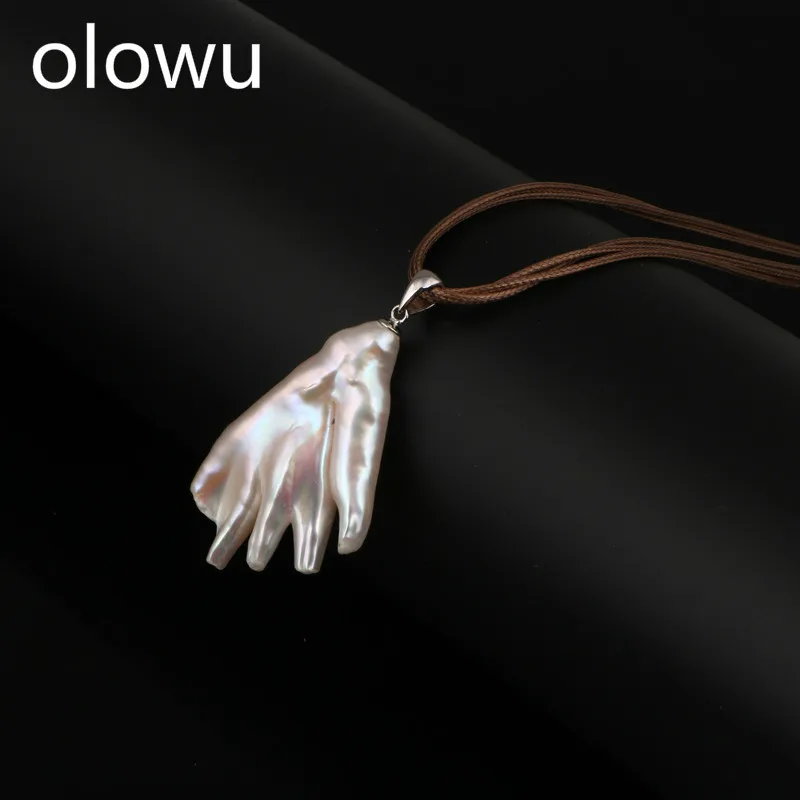 

olowu Unique Irregular Naural Freshwater Pearl Necklaces Pendants Personalized Brown Color Wax Rope Jewelry For Women Gift