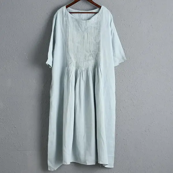 BUYKUD Casual Solid Dress Loose Draped Maxi Dress with Pocket Women Elbow Sleeves Light Blue Pleated Dress In Plus Size