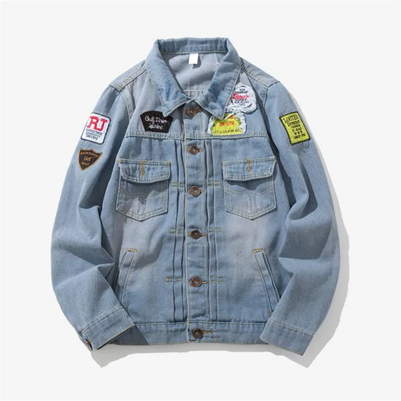 

2019 Spring New Fashion Men's pocket square collar embroidery letters all-match Jacket Slim Korean casual Denim Jacket M-5XL
