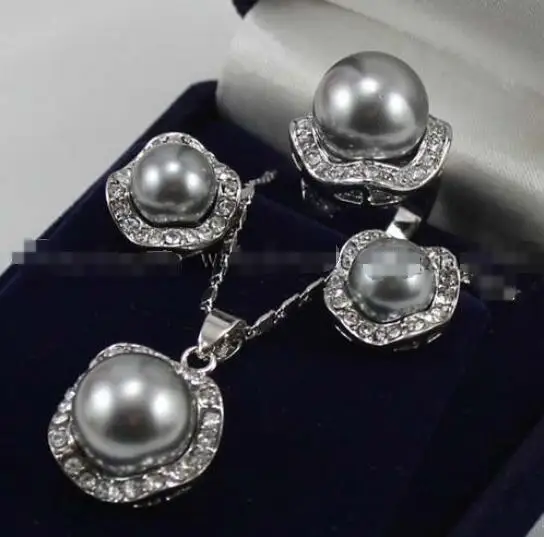 

Free shipping hot sale Women Bridal Wedding Jewelry >>Silver Gray Shell Pearl Earrings / Ring / Necklace Pendant Set