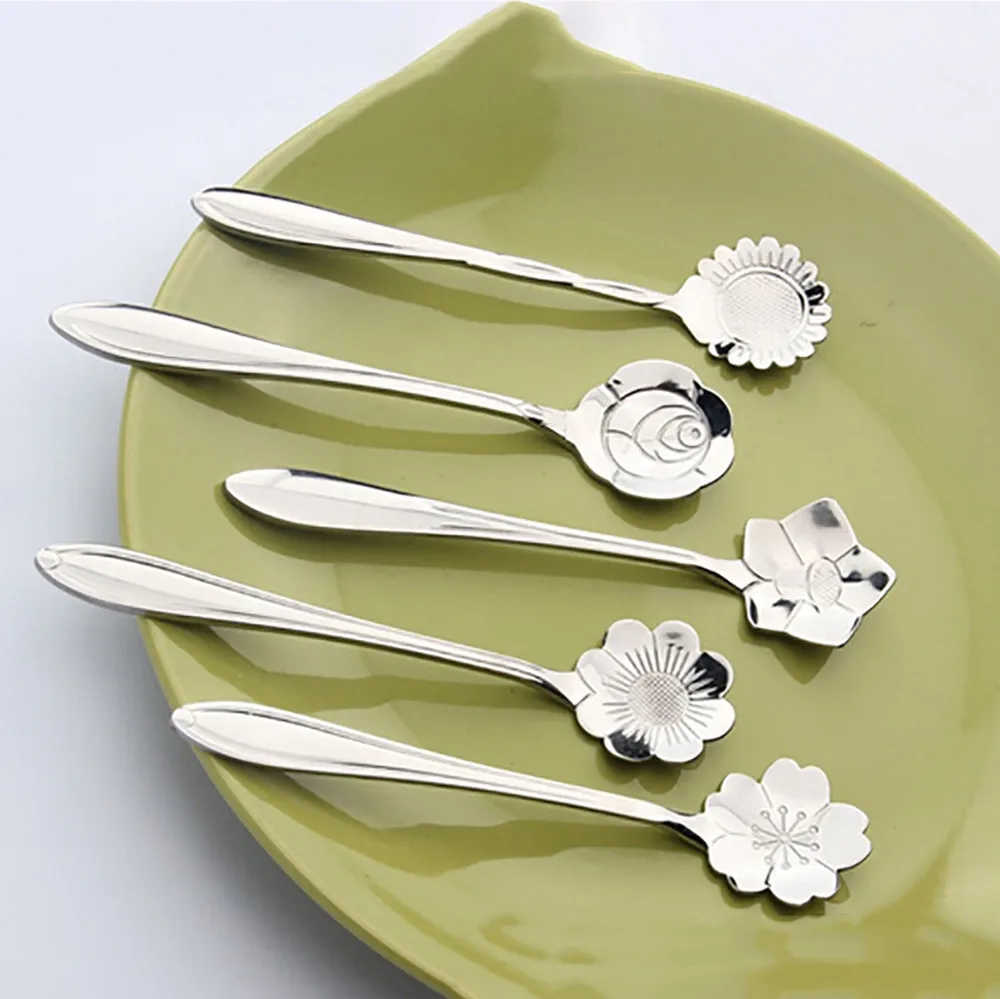 

Delicate Flower Shovel Spoon Set Glitter Sakura long Stirring Stainless Spoon Clear Dessert Spoon Shovel DIY Kitchen Accessories