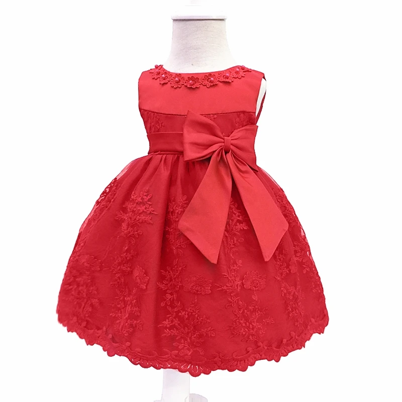 Платья для младенцев с хлопковой подкладкой новинка года, красное кружевное платье для малышей возрастом 1 год, вечерние платья с бантом для маленьких девочек - Цвет: Red