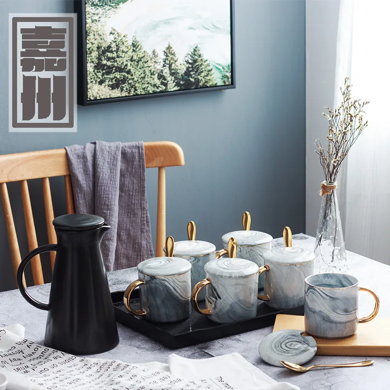 

Marble Cup Scrub Kettle Set Household Tea Cup Tray Wooden Frame Ceramic Coffee Cup