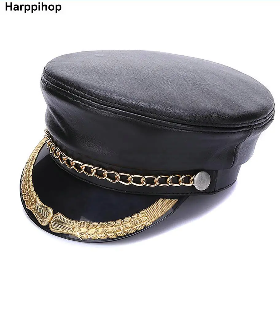 Fashion Men's Cadet Hat Leather Lambskin Navy Army Military Hat Flat