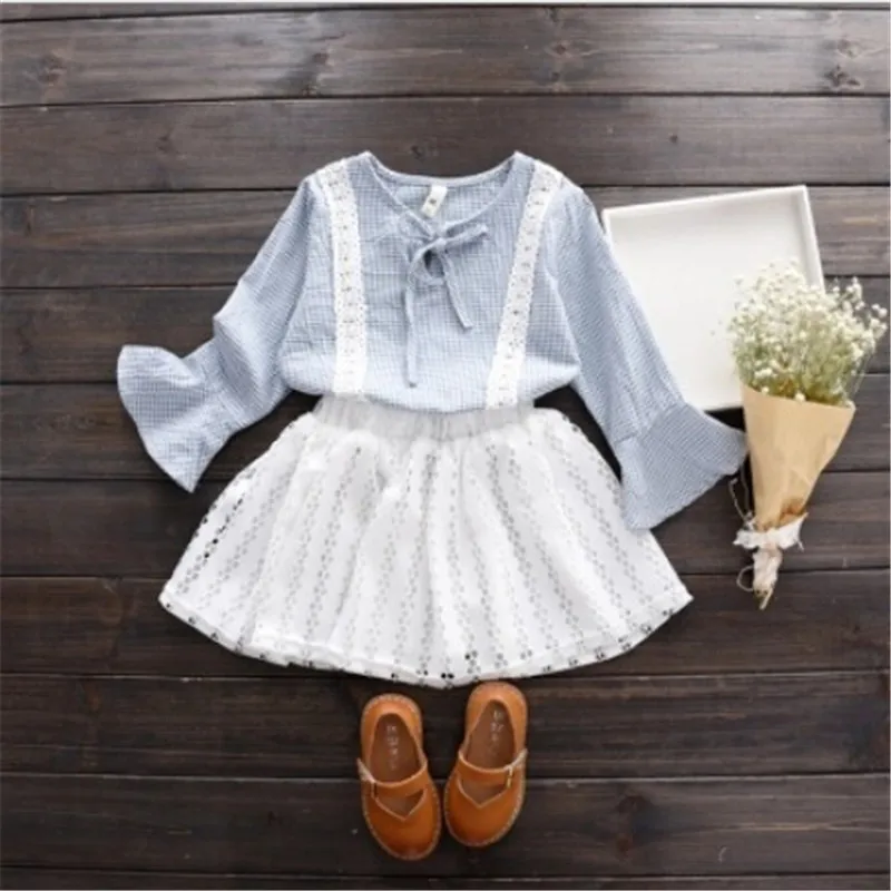 

2pcs/set  Baby Girls Outfits long sleeve plaid shirt+hollow tutu skirt set,3-8y girls Clothes Set fir spring and autumn clothing