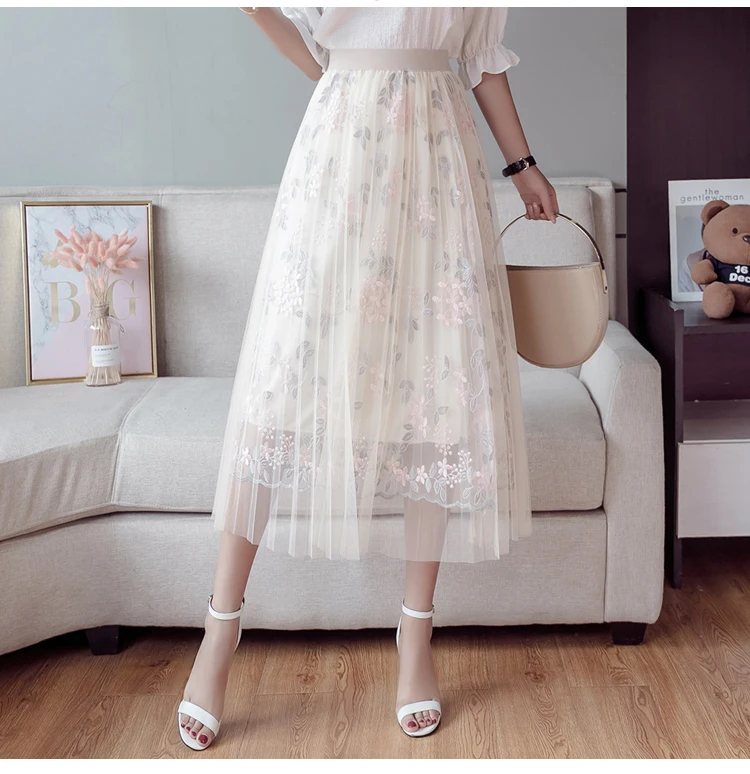 Весна осень Женская юбка корейский стиль милые цветы вышивка сетка тюль юбка элегантная плиссированная юбка миди Falda Tul