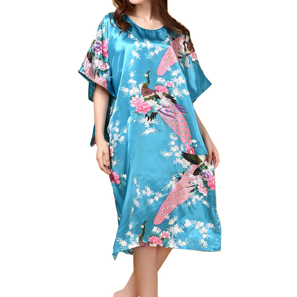 Lu's шикарная Женская атласная ночная рубашка, шелковое Ночное платье с павлином, рукав «летучая мышь», платье для сна, свободная Пижама