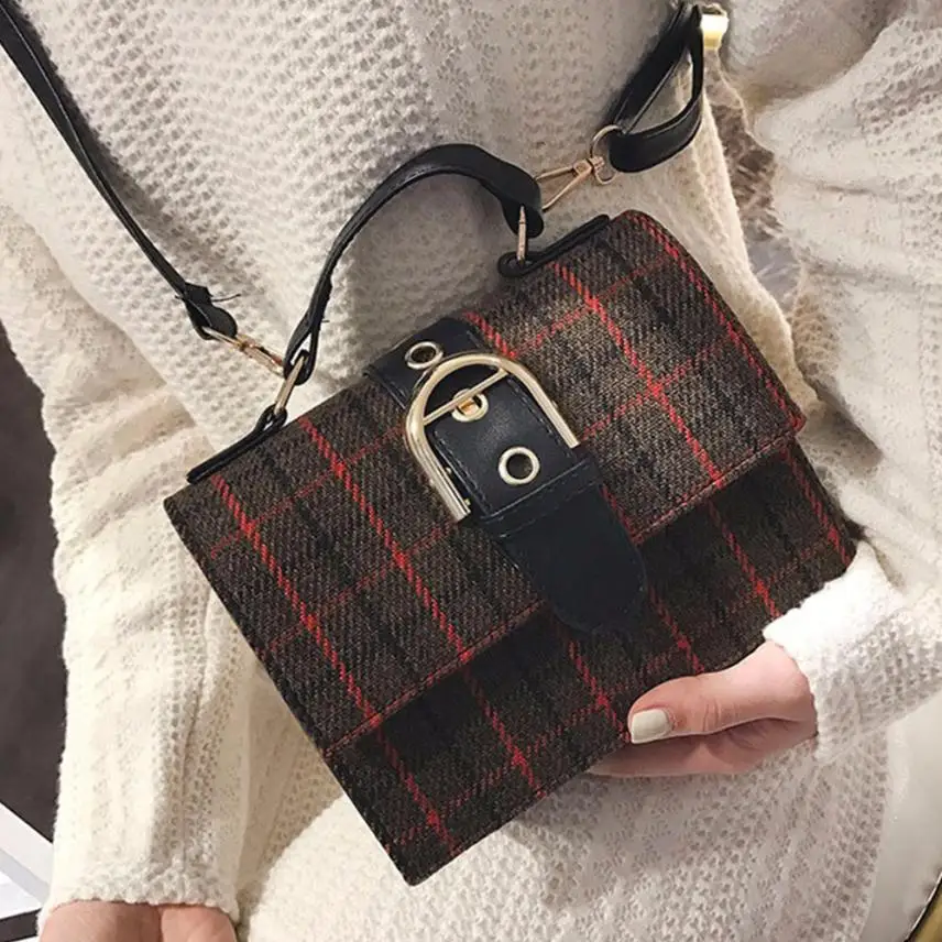 

Women's fashion wool plaid striped leather shoulder Messenger bag ladies soft back wool belt buckle small square bag handbag #F