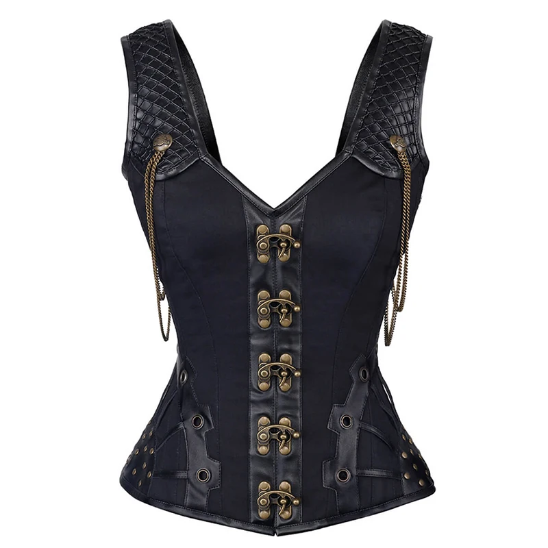 Gothic Women Steampunk Corset Sexy Black Buckle Brocade Corsage Vintage Slimming Waist Metal Clasp Closure Chains Vest Corsetto (3)