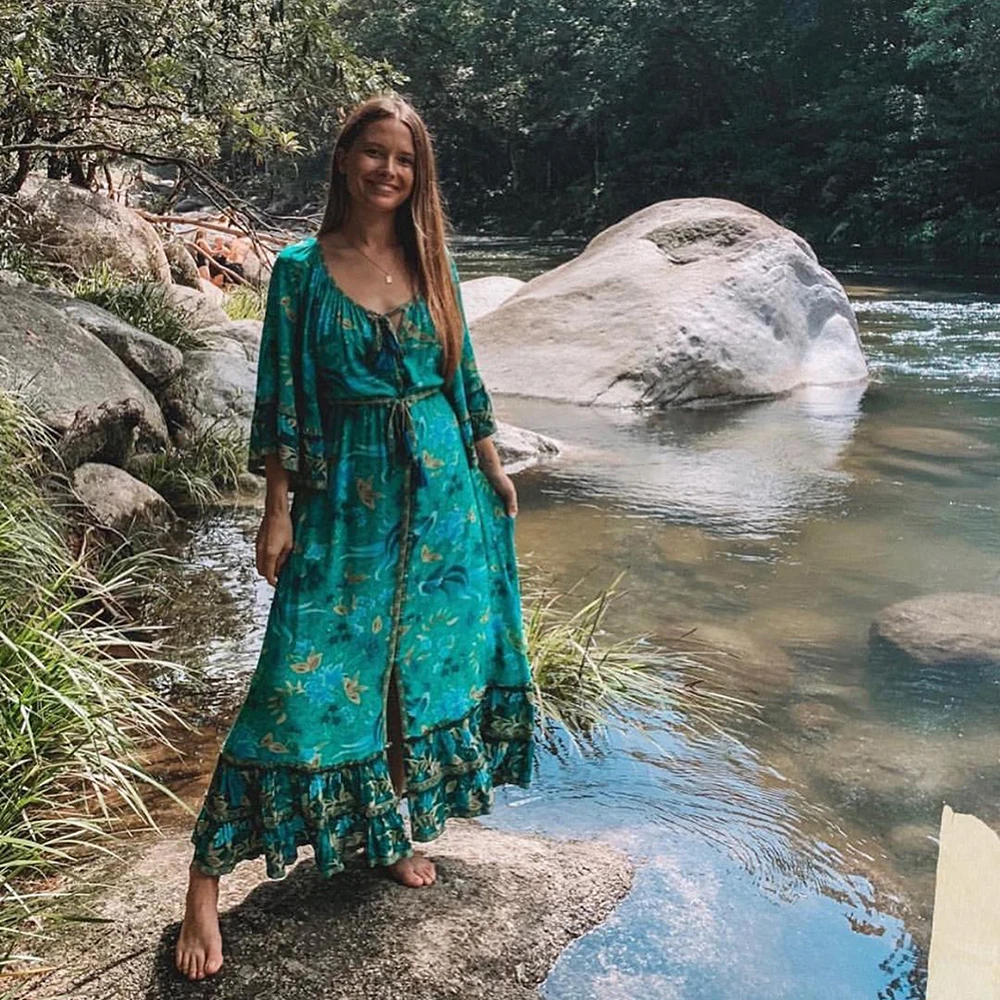 

KHALEE YOSE Green Floral Maxi Dress Bohemain Summer Long Holiday Dresses Women Button Front Tassels Tie Up Gypsy Dress Female