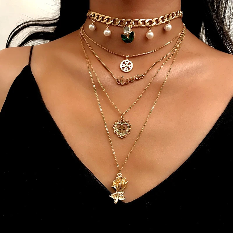 

Fashion Pearl Flower Choker Necklace For Women Gold Multilayers Cross Necklace Link Chain Collar Femme Jewelry Party LN09014
