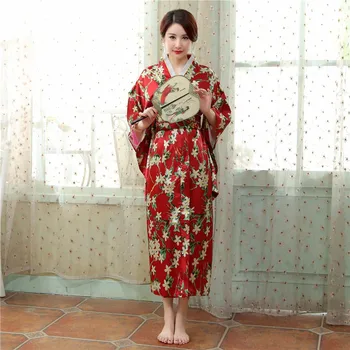 

Traditional Japanese Women Yukata Dress Gown High Quality Satin Kimono Floral Performance Dance Clothing Halloween Costume