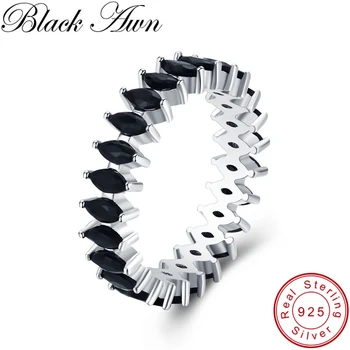 

[BLACK AWN] Real 925 Sterling Silver Rings for Women Black Spinel Round Silver 925 Jewelry Engagement Ring G018